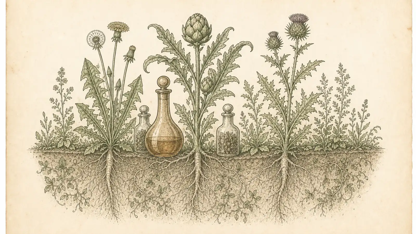 Inked botanical plate of dandelion, artichoke and milk thistle roots anchored in soil beside an amber apothecary flask, weeds held at bay