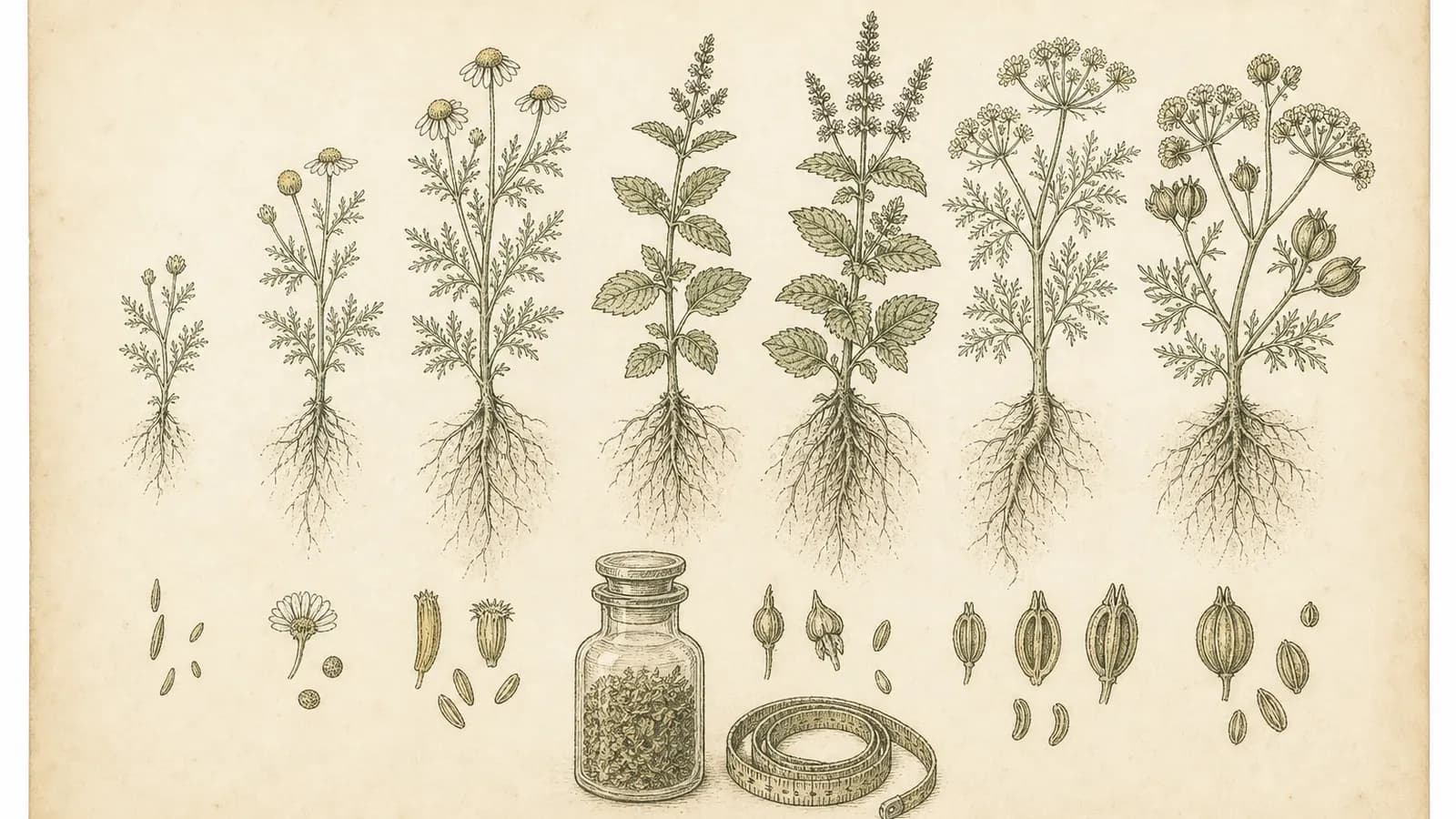 Vintage botanical plate of seven numbered chamomile, mint, and fennel sprigs with roots and seeds, beside an apothecary jar and coiled cord