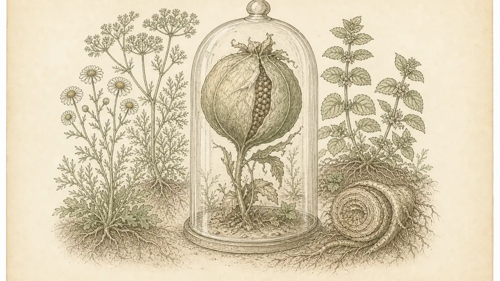 Inked botanical plate of a swollen seed pod under glass beside chamomile, fennel and mint sprigs