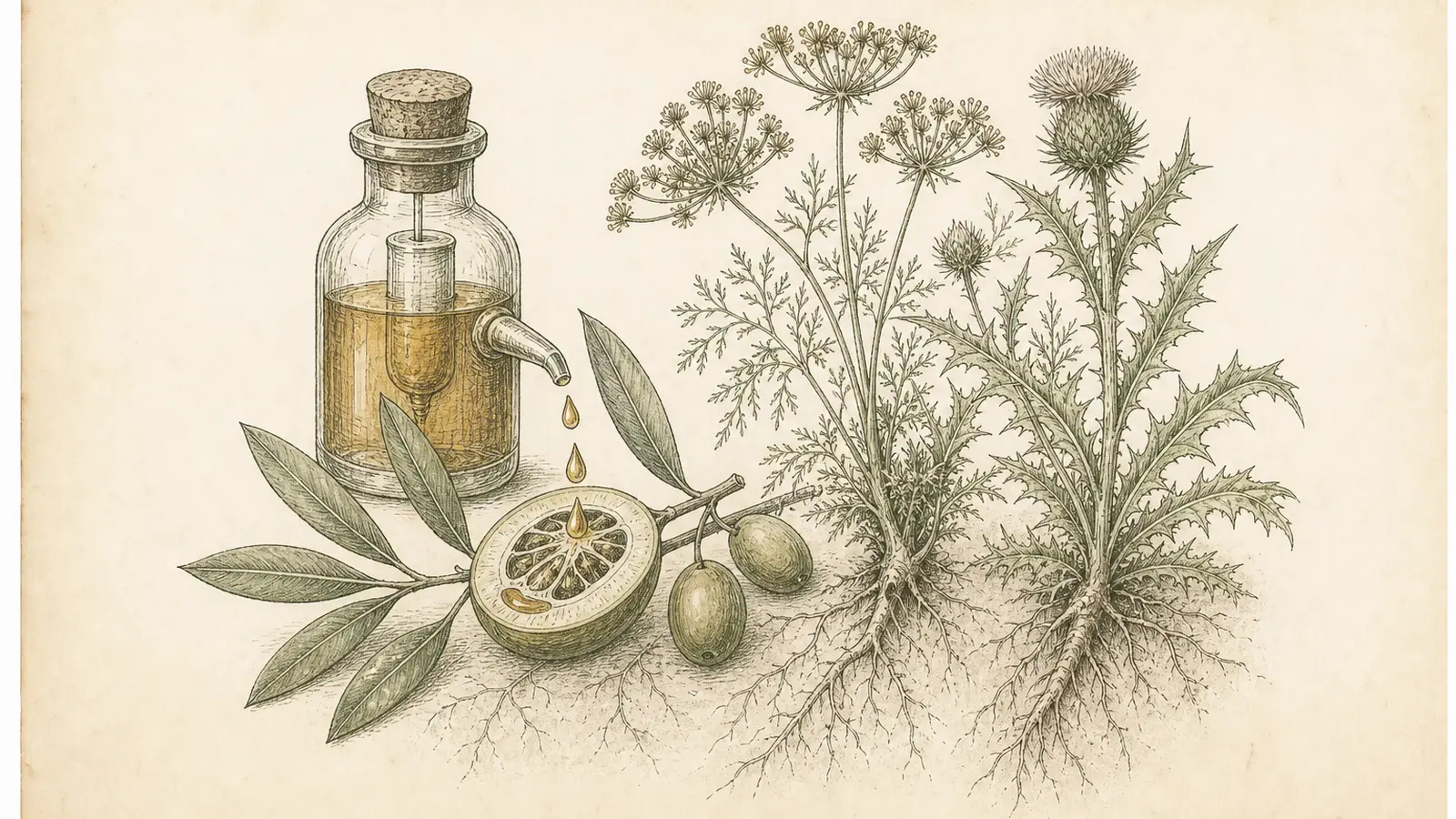 Inked botanical plate of an apothecary bile vial dripping onto an olive branch, with fennel and milk thistle specimens