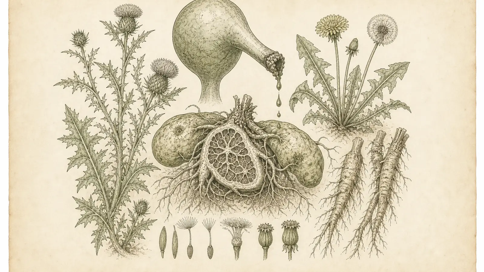 Vintage botanical plate of a clogged bile flask dripping onto liver-shaped roots, with milk thistle and dandelion specimens