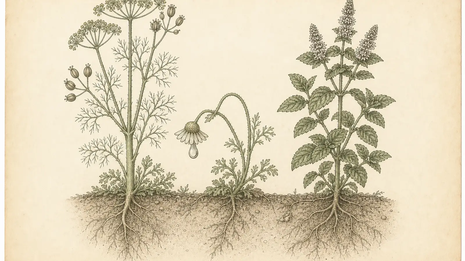 Inked botanical plate of a strained chamomile stem beside sturdy fennel and mint roots and seed pods