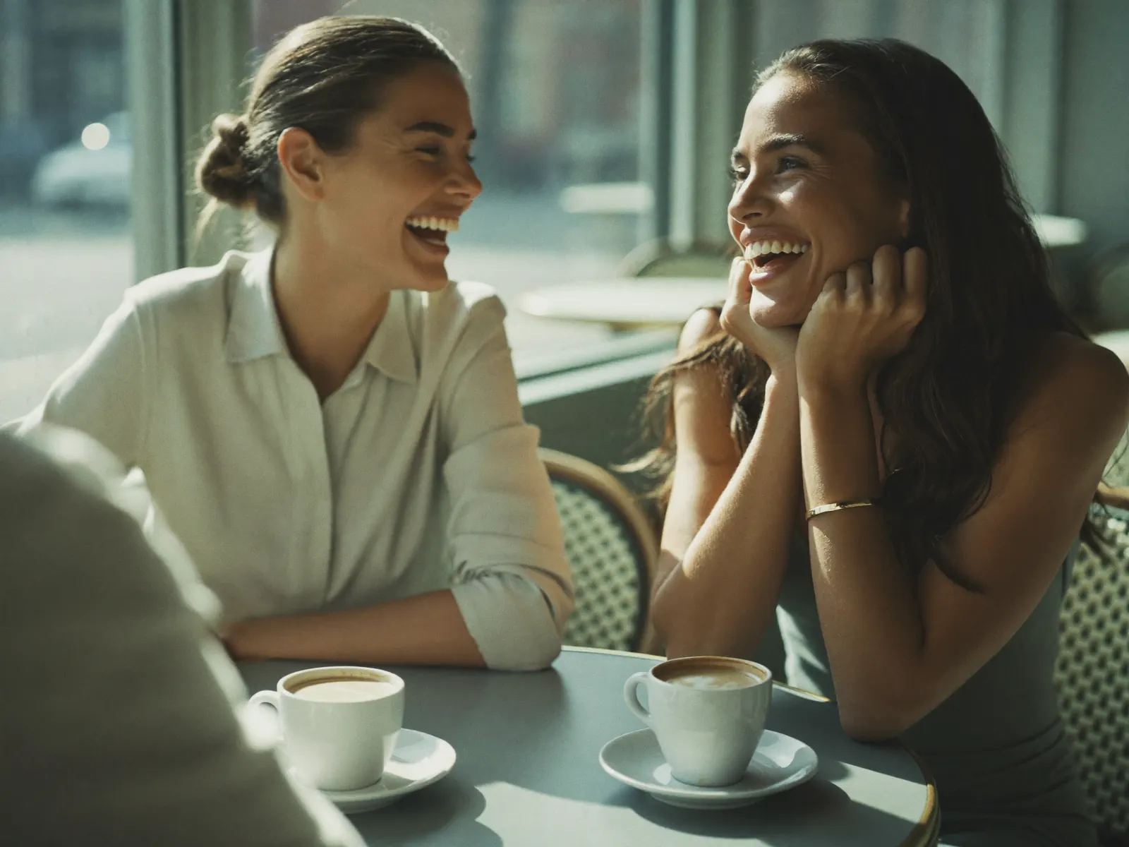 Friends laughing together at a café table