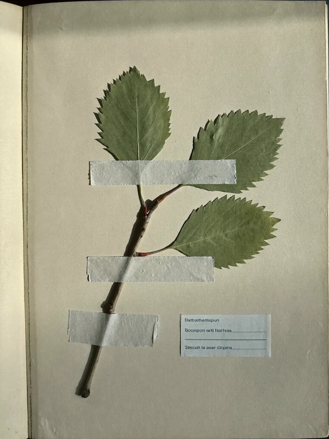 A pressed silver birch twig with 3 leaves on cream paper