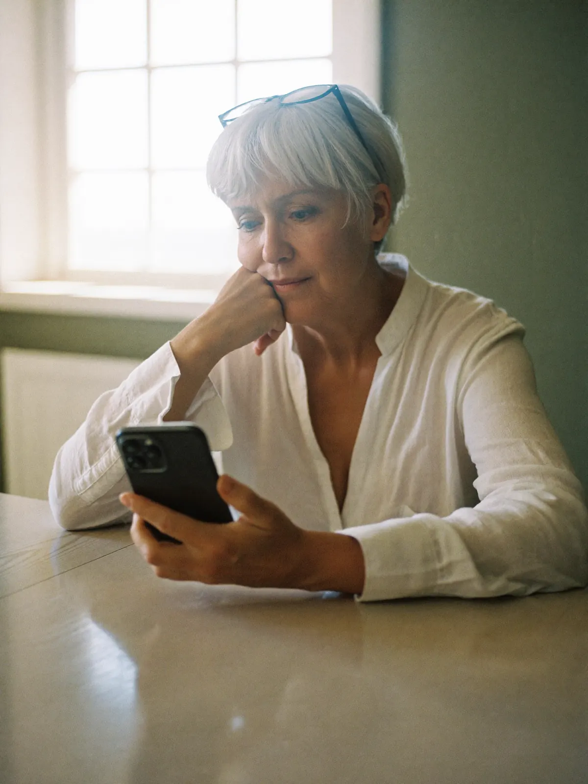 A woman at a desk by the window, chin in her hand, thinking it over with her phone