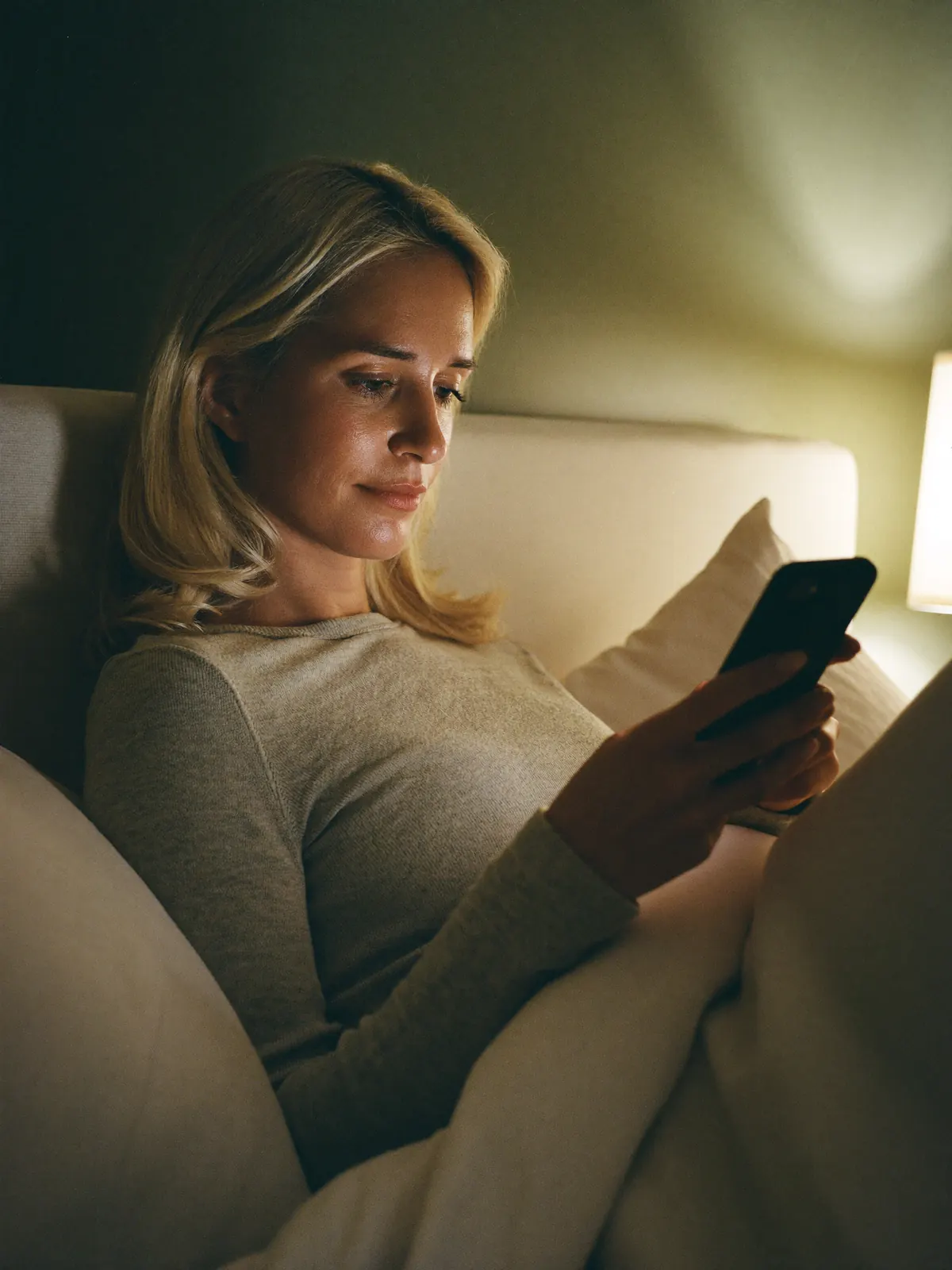A woman sitting up in bed at night by a lamp, reading her phone