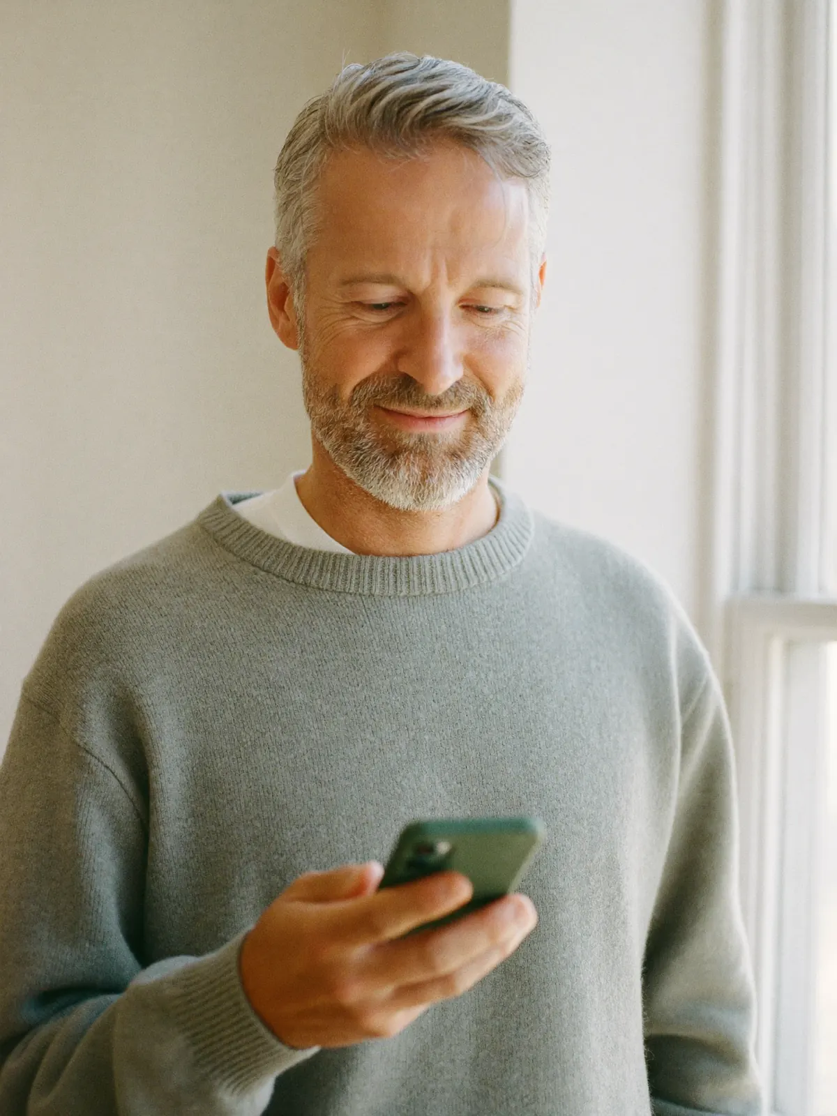 A man by a bright window at home, smiling at his phone