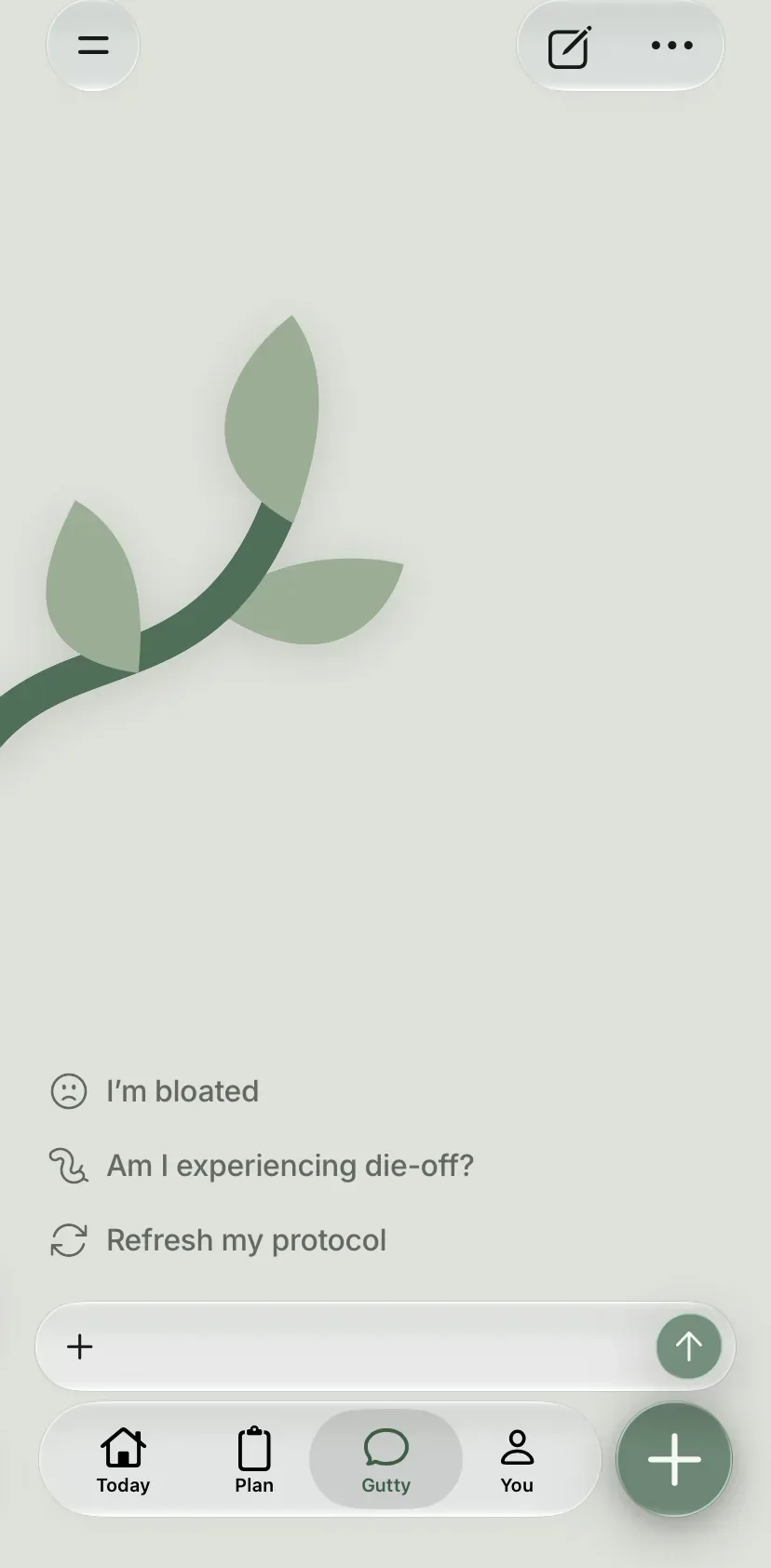 Gutty in the new app design, with suggested questions