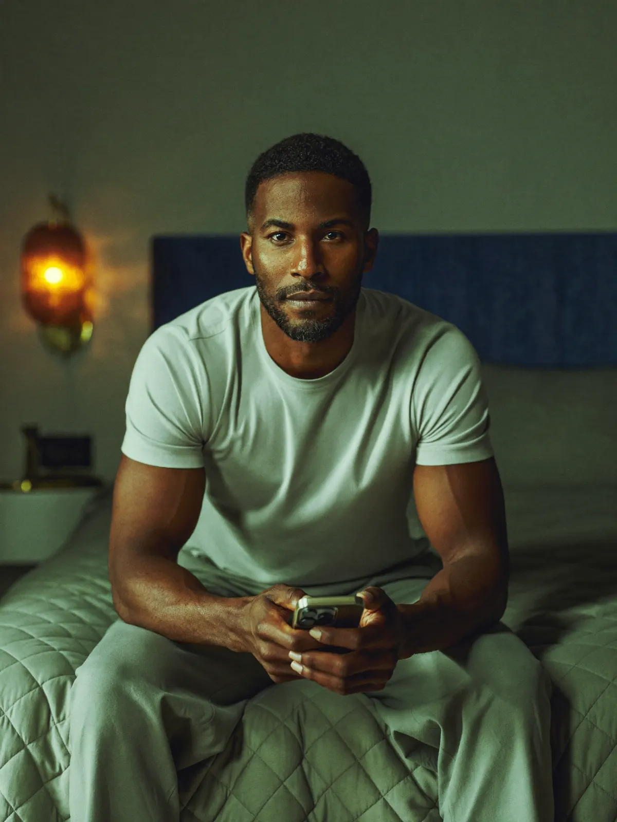 A man on his bed at night with his phone, Gutty's suggested questions floating over the photo