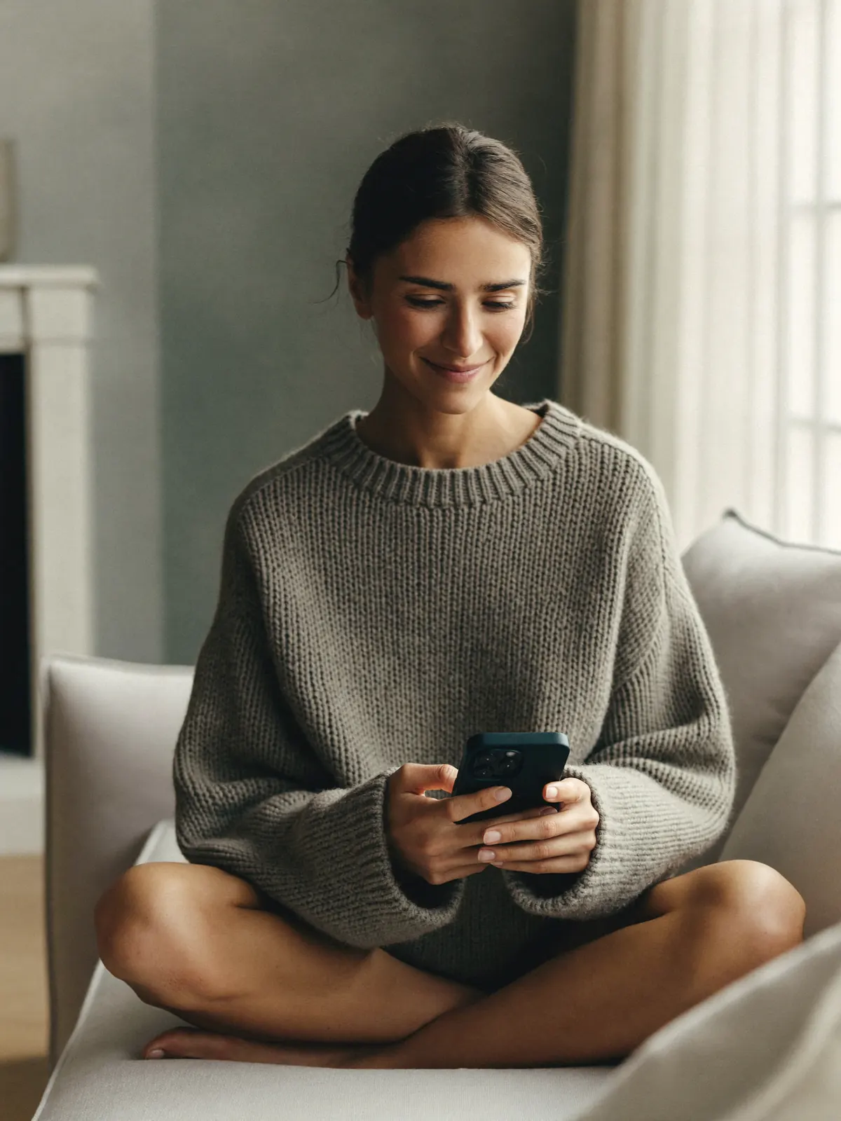 A woman sitting cross-legged on her sofa, checking in on her phone